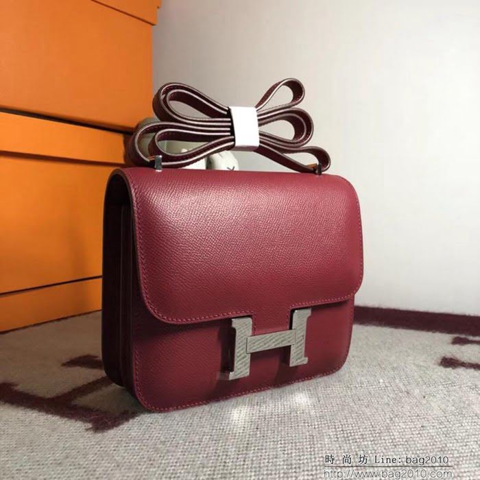 HERMES愛馬仕 空姐包 constance 石榴紅 EPSOM 18cm 銀扣 蠟線縫製 單肩斜挎包  Ama1496